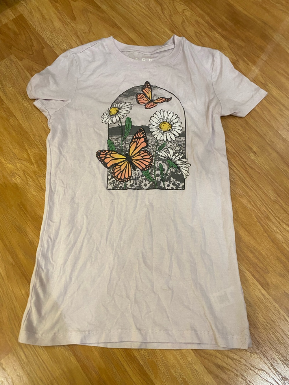 Free State Pink Tee with Orange Butterfly & White Daisy Graphic